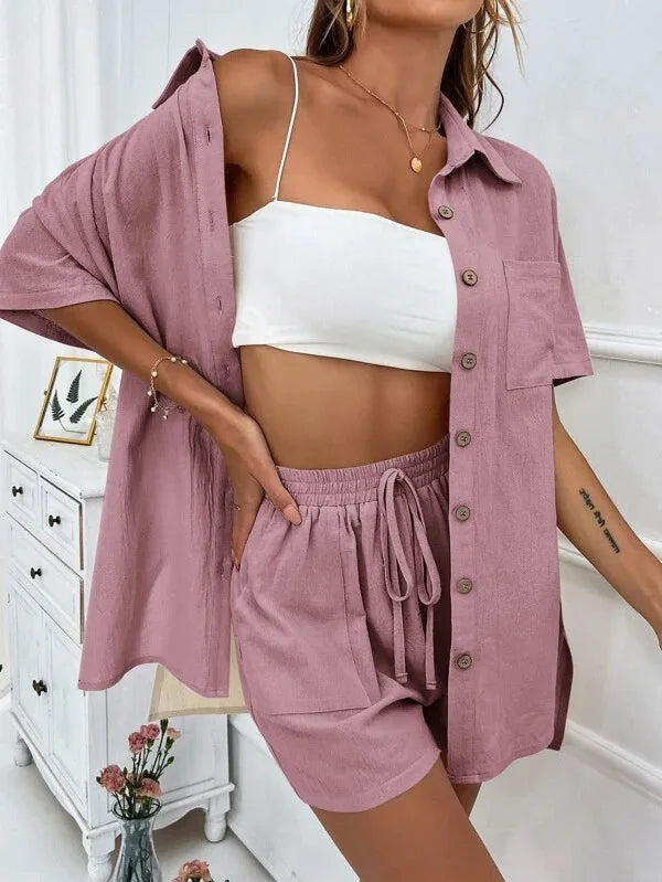 Fashionable Women’s 2-Piece Set – Single-Breasted Top & Wide Shorts