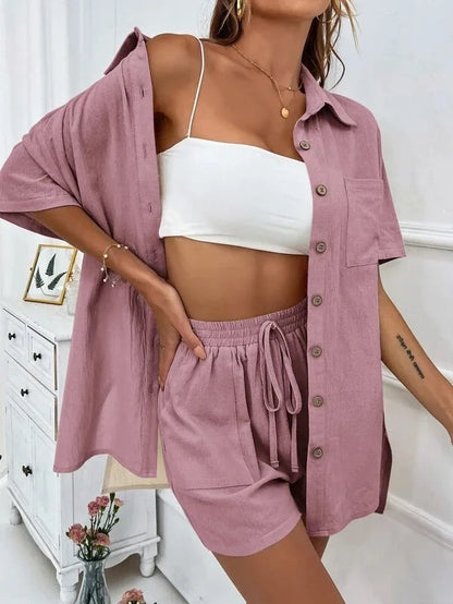 Fashionable Women’s 2-Piece Set – Single-Breasted Top & Wide Shorts