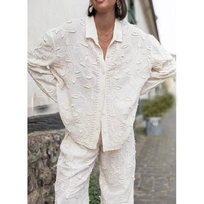 Women’s 2-Piece Suit – Elegant Long Sleeve Shirt & Wide Leg Pants