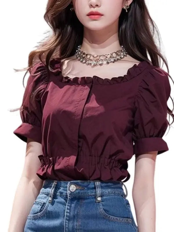 Chic & Trendy – Women’s Wine Red French Design Top