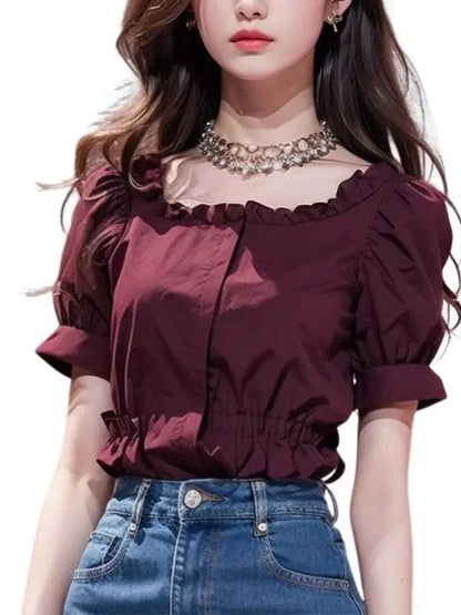 Chic & Trendy – Women’s Wine Red French Design Top
