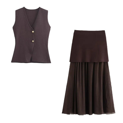 Wine Red Knitted Vest & High Waist Long Skirt – TRAFZA 2025 Women’s Set