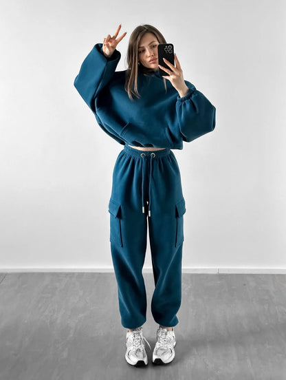 Autumn Winter Casual Outfit – Hoodie with Hood & Tied Waist Pants