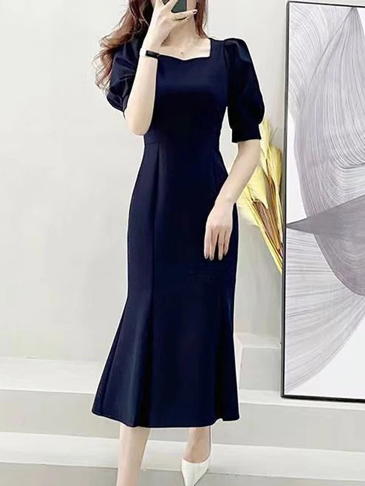 Fashionable Summer Dress – Slim Fit Square Collar Bubble Sleeve