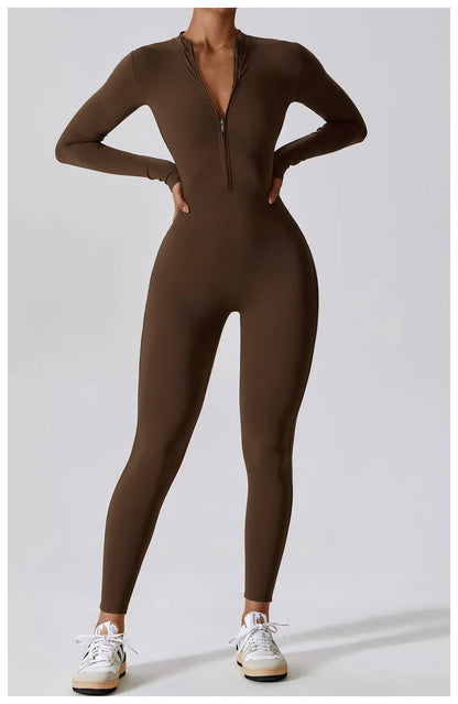 Women's Jumpsuits One-Piece Suit Zipper Long Sleeved Yoga Set Gym Push Up Workout Clothes Fitness Bodysuit Sportswear Tracksuit
