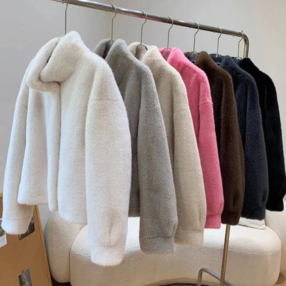 Golden Mink Lined Faux Fur Coat – Short Stand Collar Winter Jacket
