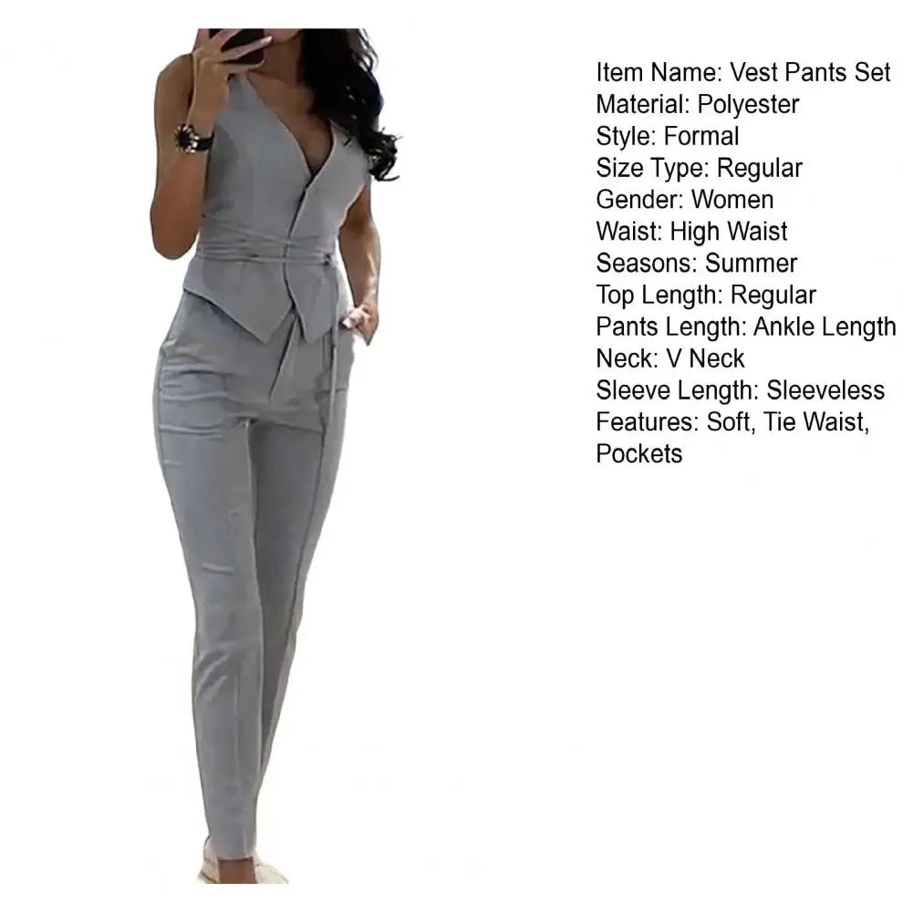 Office Lady 2 Pcs Set – Sleeveless Waistcoat & Straight Pants with Tie Belt