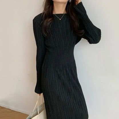 Elegant Women’s Dress – Korean Chic Long Sleeve Pleated Skirt Dress