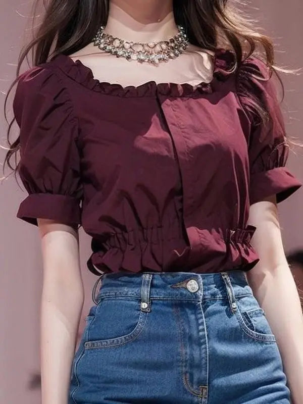 Chic & Trendy – Women’s Wine Red French Design Top