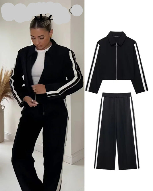 TRAFZA Vintage Women’s Outfit – Short Black Jacket & Black White Patchwork Pants