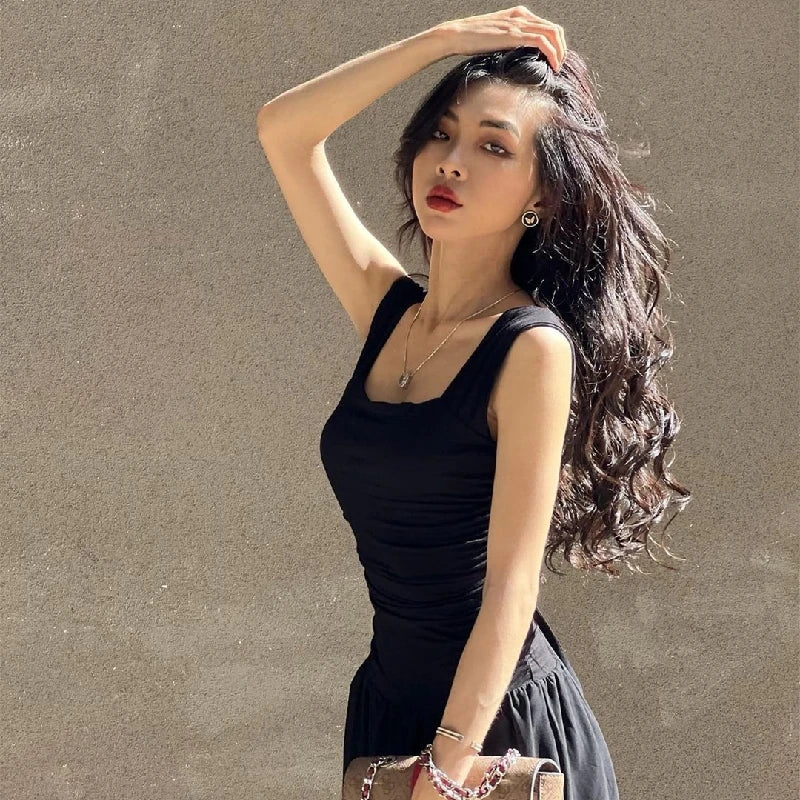 Casual Elegant Summer Dress – High-Waist Solid Ruched Maxi Dress
