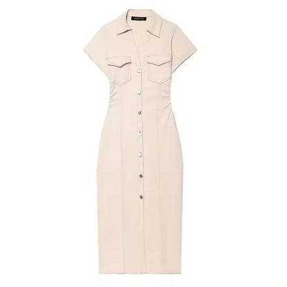 Street Style Must-Have – Ruched Short Sleeve Denim Midi Dress