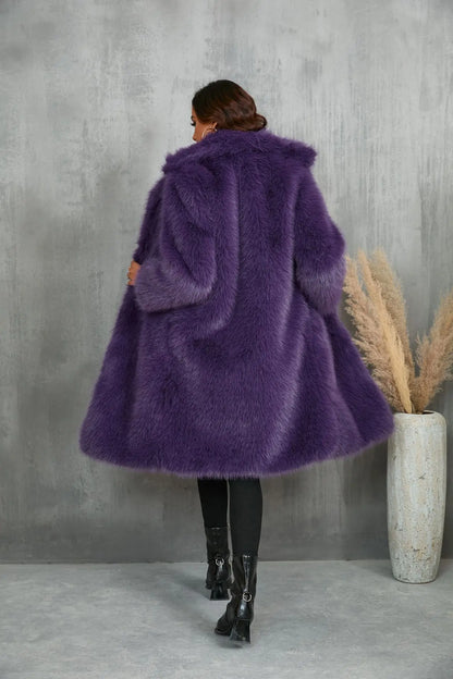 Plus Size Faux Fur Long Coat – Women’s Winter Thick Fluffy Jacket