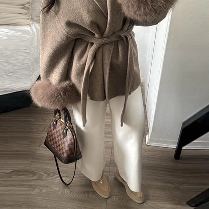 Elegant Woolen Coat – Women’s Full Sleeve Loose Short Coat with Belt