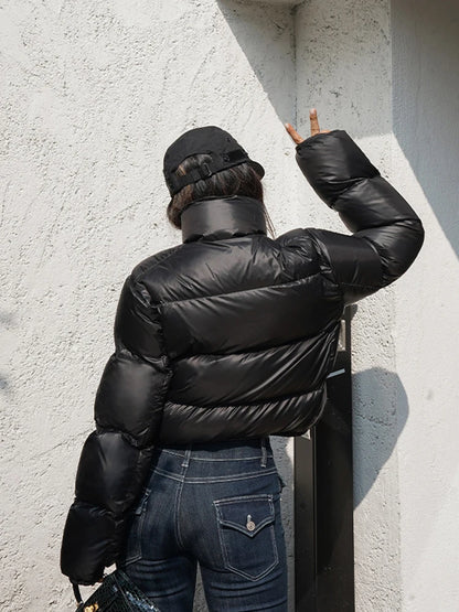 Elegant Solid Color Winter Jacket – Short Cozy Coat with Pockets