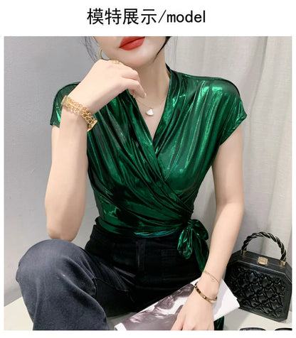 Shine & Chic – Metallic Short Sleeve Wrap Top for Women