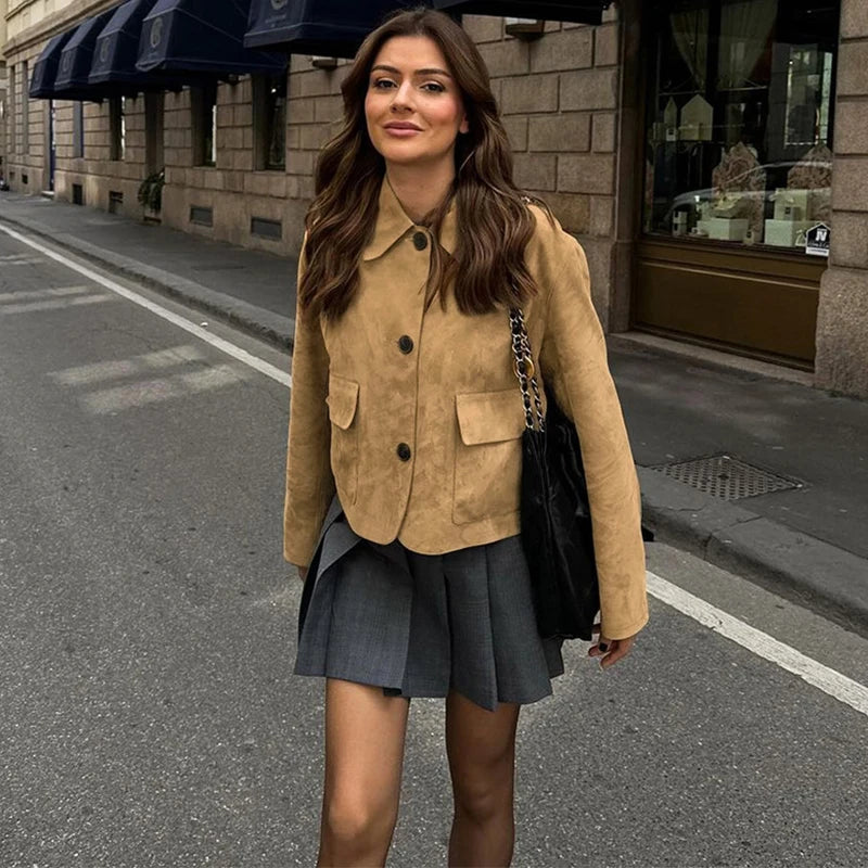 Women’s Casual Suede Jacket – Long Sleeve Solid Lapel Autumn Coat
