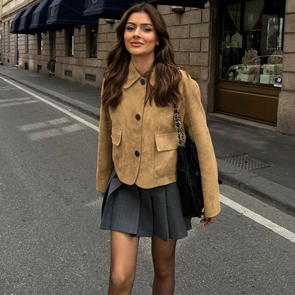 Women’s Casual Suede Jacket – Long Sleeve Solid Lapel Autumn Coat