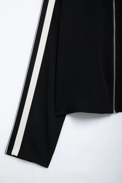 TRAFZA Vintage Women’s Outfit – Short Black Jacket & Black White Patchwork Pants