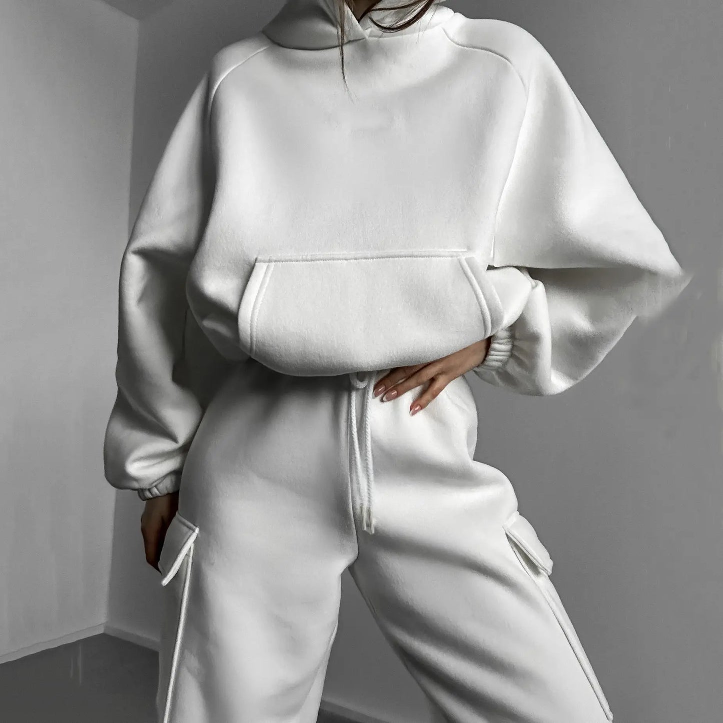 Autumn Winter Casual Outfit – Hoodie with Hood & Tied Waist Pants