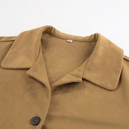 Women’s Casual Suede Jacket – Long Sleeve Solid Lapel Autumn Coat