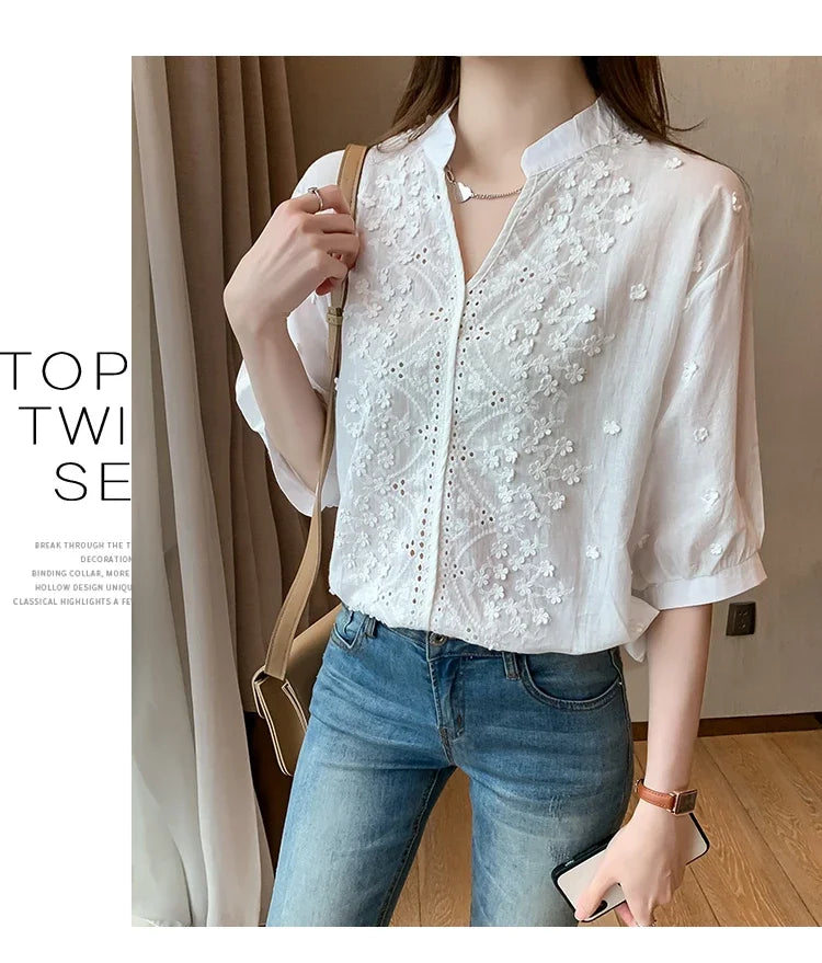 Limited Edition – Hollow-Out V-Neck Cotton Top for Women