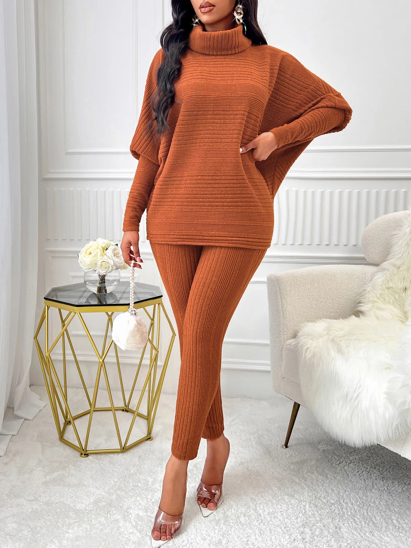 Street Style Two-Piece – High-Neck Top & Slim Knit Pants for Women