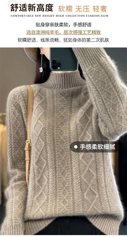 Korean Style Women’s Sweater – 100% Merino Wool Turtleneck Top
