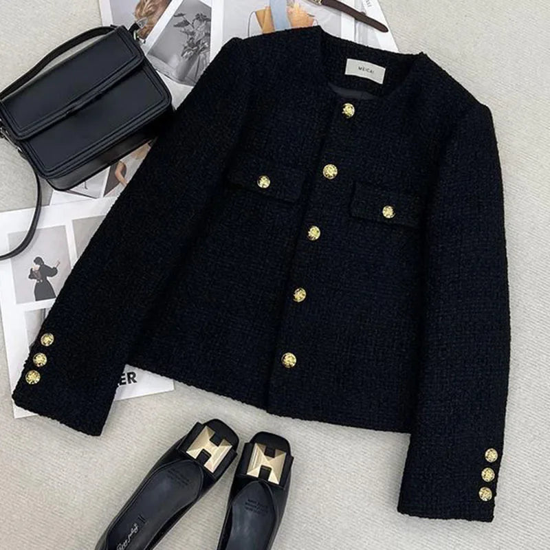 Short Black Tweed Coat – Women’s Autumn Winter Single-Breasted Jacket