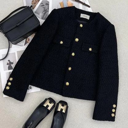 Short Black Tweed Coat – Women’s Autumn Winter Single-Breasted Jacket