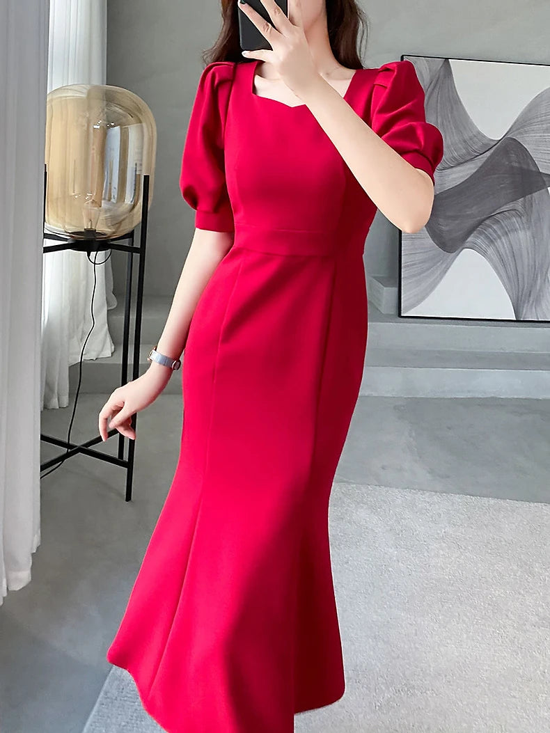 Fashionable Summer Dress – Slim Fit Square Collar Bubble Sleeve