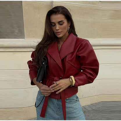 Short Faux Leather Jacket – Women’s Pockets Belt Turn-down Collar Coat