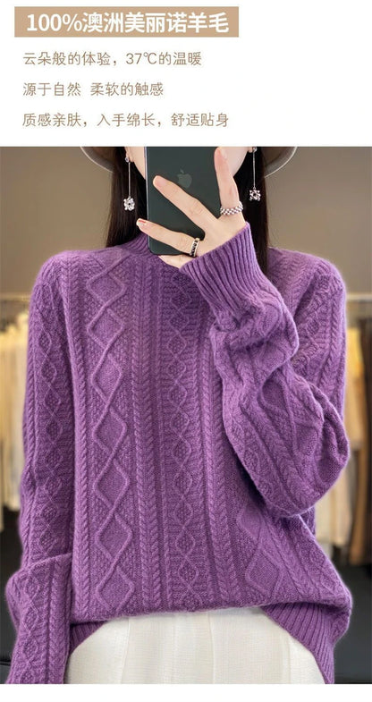Korean Style Women’s Sweater – 100% Merino Wool Turtleneck Top