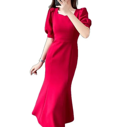 Chic Women’s Ball Gown – Square Collar Puffy Sleeve Fish Tail Dress