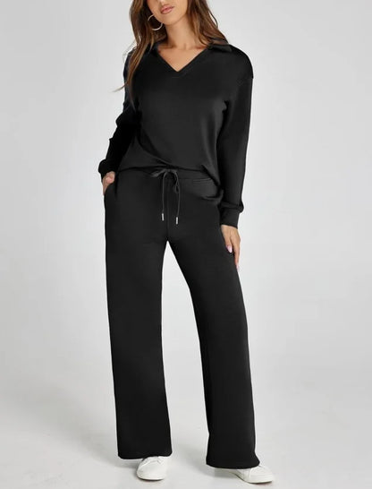 Spring Women’s Outfit – Loose V-Neck Top with Drawstring + Flared Trousers