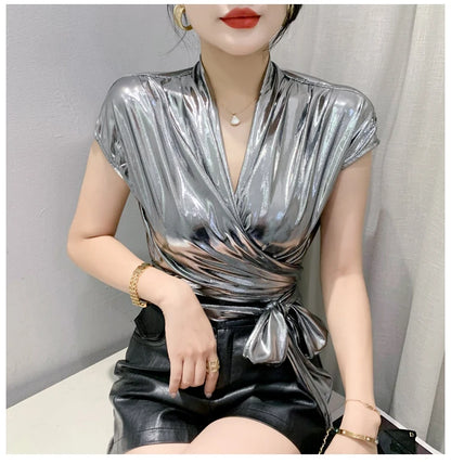 Shine & Chic – Metallic Short Sleeve Wrap Top for Women
