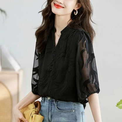 Women’s Stylish Summer Tee – Buttoned Solid Chiffon Pullover