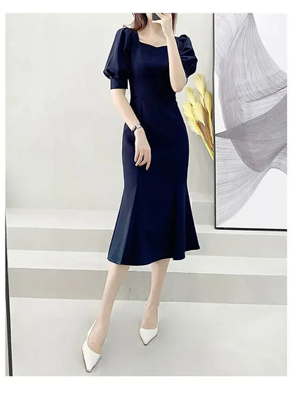 Chic Women’s Ball Gown – Square Collar Puffy Sleeve Fish Tail Dress