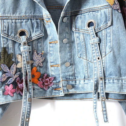Floral Beaded Denim Jacket – Women’s Cowboy Cardigan Top with Ribbons