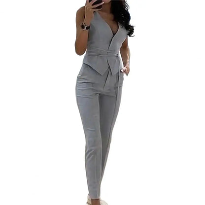 Office Lady 2 Pcs Set – Sleeveless Waistcoat & Straight Pants with Tie Belt