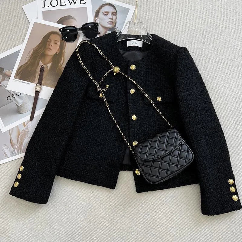 Short Black Tweed Coat – Women’s Autumn Winter Single-Breasted Jacket