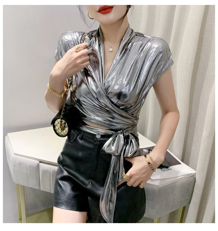 Shine & Chic – Metallic Short Sleeve Wrap Top for Women