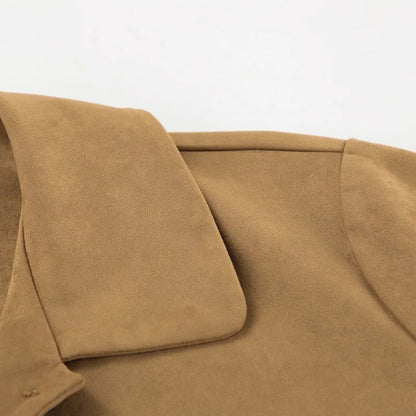 Women’s Casual Suede Jacket – Long Sleeve Solid Lapel Autumn Coat