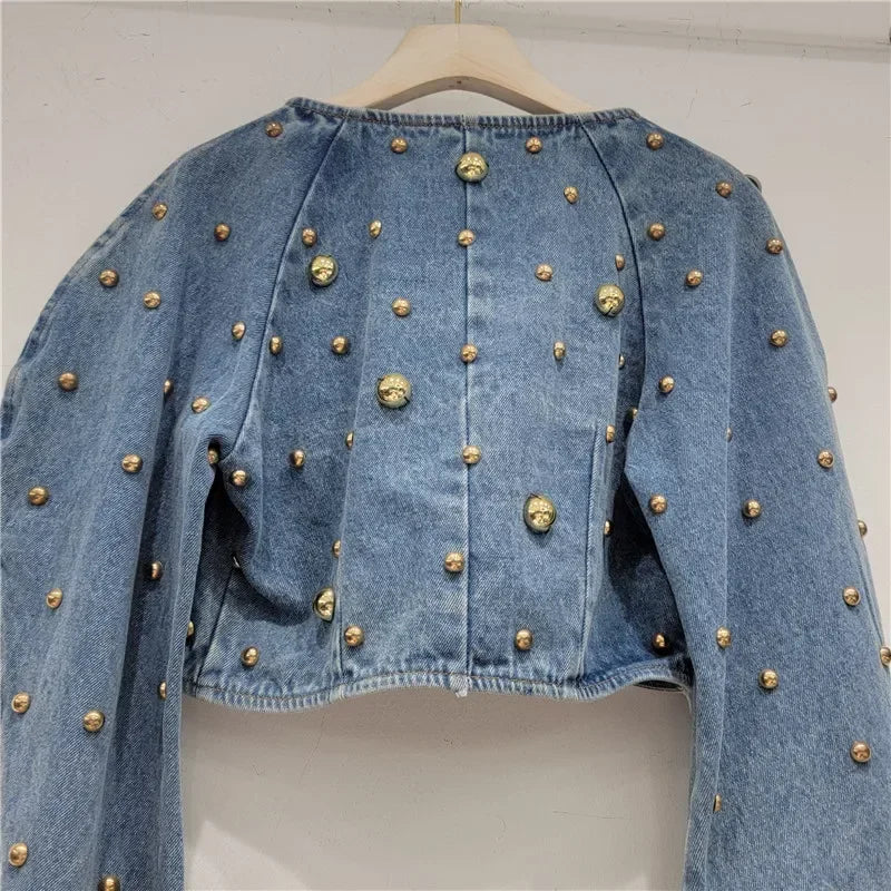 Pearl Beaded Cowboy Jacket – Women’s Long Lantern Sleeve Denim Bomber