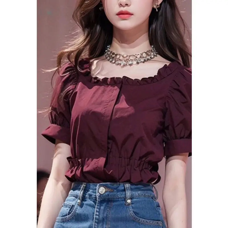 Chic & Trendy – Women’s Wine Red French Design Top