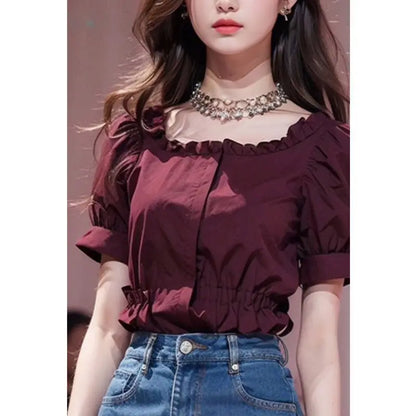 Chic & Trendy – Women’s Wine Red French Design Top