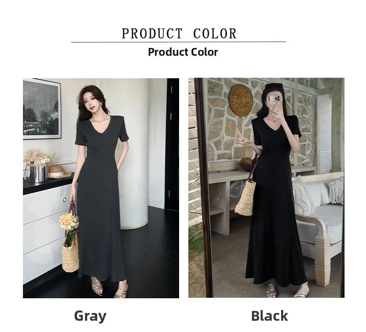 Casual Summer Dress – V-Neck Slim Waist Flared Skirt for Women