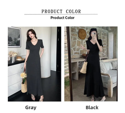 Casual Summer Dress – V-Neck Slim Waist Flared Skirt for Women