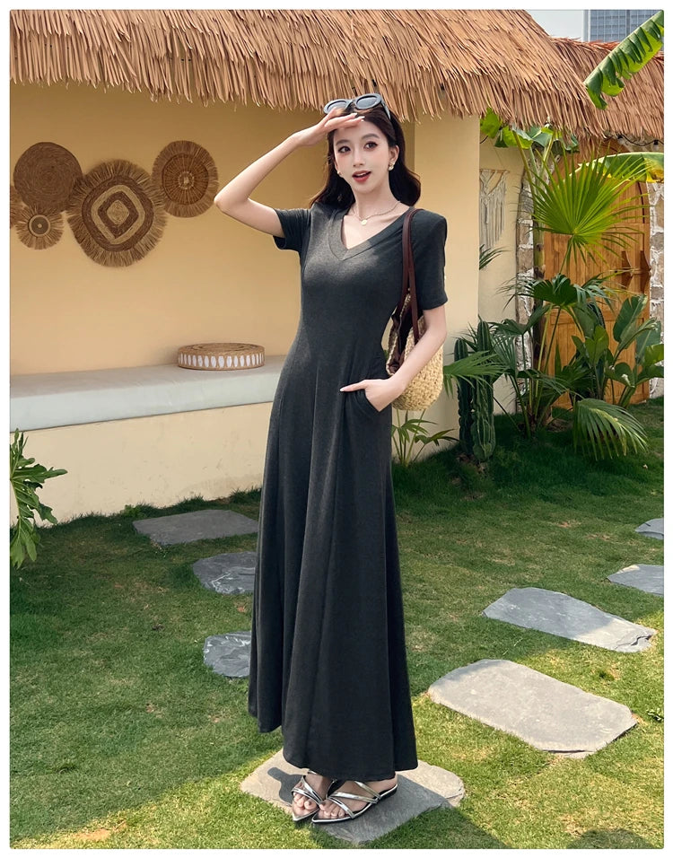 Casual Summer Dress – V-Neck Slim Waist Flared Skirt for Women
