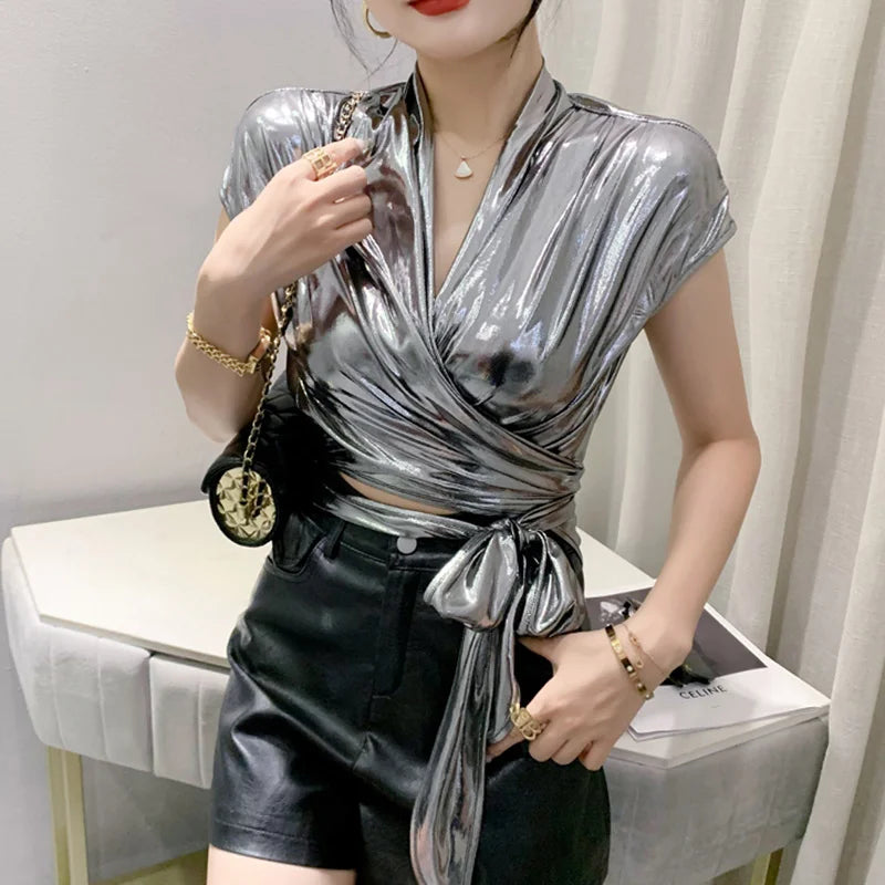Shine & Chic – Metallic Short Sleeve Wrap Top for Women